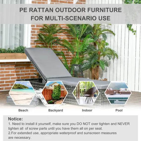 Buy PE Rattan Sun Loungers set of 2 with Cushion, Outdoor 2 Pieces Garden Sunbed Furniture with 5-Level Recliner Backrest, Reclining Patio Wicker Bed Chair, Grey, 7 image