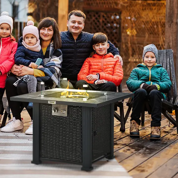 Buy Outdoor PE Rattan Gas Fire Pit Table, Patio Square Propane Heater with Marble Desktop, Rain Cover, Glass Windscreen, and Glass Stones, 50,000 BTU, Black, 2 image