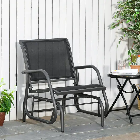 Buy Outdoor Gliding Swing Chair Garden Seat w/ Mesh Seat Curved Back Steel Frame Armrests Comfortable Lounge Furniture Dark Grey Black, 4 image