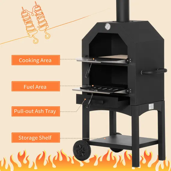 Buy Outdoor Garden Pizza Oven Charcoal BBQ Grill 3-Tier Freestanding w/ Chimney, Mesh Shelf, Thermometer Handles, Wheels Garden Party Gathering Stainless Steel Cooker, 7 image