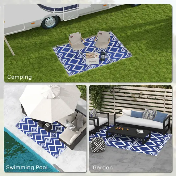 Buy Plastic Straw Reversible RV Outdoor Rug with Carry Bag, 182 x 274cm, Blue and White, 5 image
