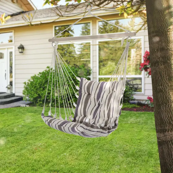 Buy Outdoor Hanging Rope Chair with Soft Padded Seat & Backrest, Garden Hammock Chair with Wooden Support Bar Cotton Cloth, Portable Garden Chair for Patio & Tree, Brown, 2 image