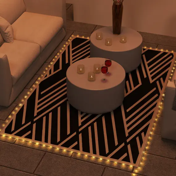 Buy Plastic Straw Reversible RV Outdoor Rug with LED String Light, 182 x 274cm, Black and Coffee, 2 image