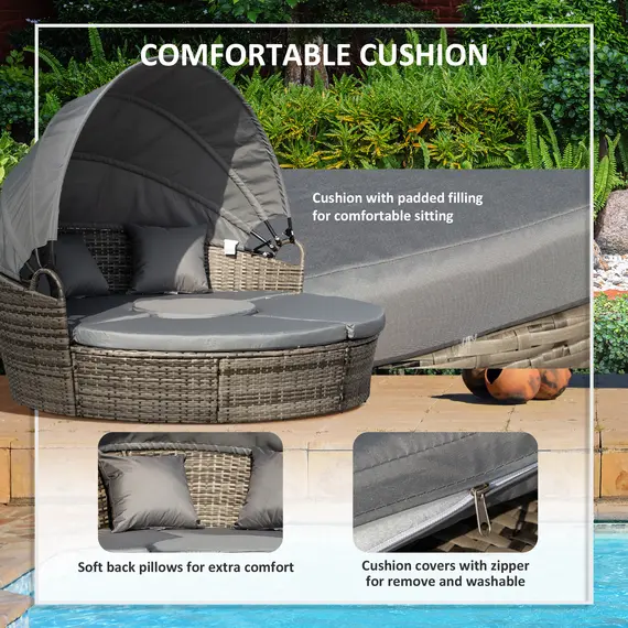 Buy Outdoor PE Rattan Garden Furniture with Cushioned, Patio Wicker Conversation Furniture Set, Round Daybed with Retractable Canopy, Coffee Table and Three Pillows, Dark Grey, 6 image