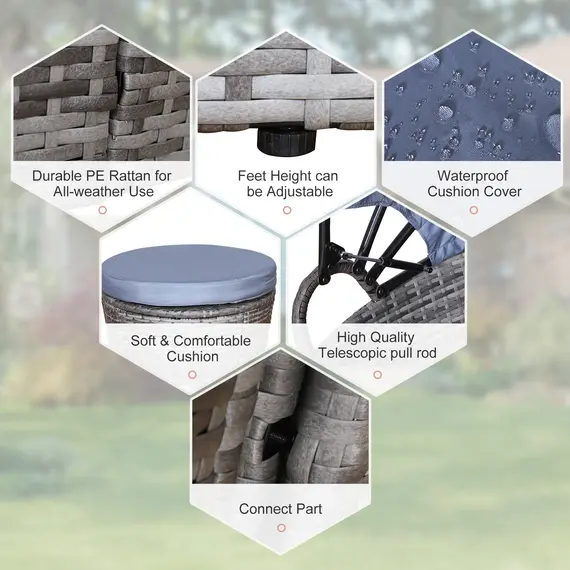 Buy PE Rattan Lounge Set, 5 Pieces Patio Conversation Furniture Set, Garden Round Sofa Bed with Cushion and Retractable Canopy, Grey, 4 image