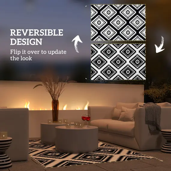 Buy Plastic Straw Reversible RV Outdoor Rug with LED String Light, 182 x 274cm, Black and White, 8 image
