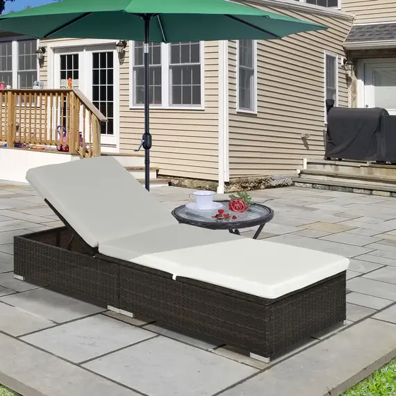 Buy PE Rattan Sun Lounger, Five-level Adjustable Recliner Bed Chair with Soft Padded Cushion for Patio, Garden, Mixed Brown, 2 image