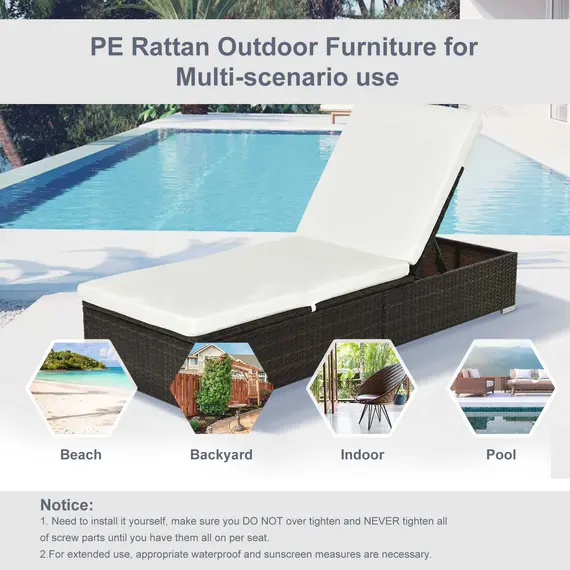 Buy PE Rattan Sun Lounger, Five-level Adjustable Recliner Bed Chair with Soft Padded Cushion for Patio, Garden, Mixed Brown, 7 image