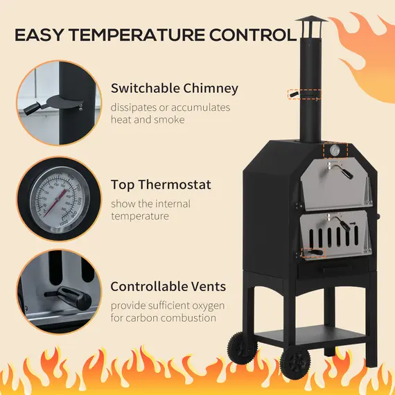 Buy Outdoor Garden Pizza Oven Charcoal BBQ Grill 3-Tier Freestanding w/ Chimney, Mesh Shelf, Thermometer Handles, Wheels Garden Party Gathering Stainless Steel Cooker, 5 image