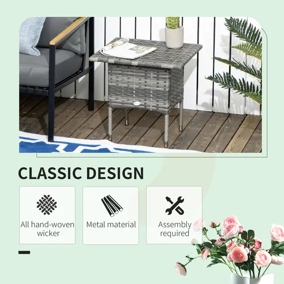 Buy Rattan Side Table, Outdoor Coffee Table with Plastic Board Under the Full Woven Table Top for Patio, Garden, Balcony, Mixed Grey, 4 image
