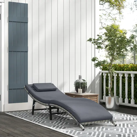 Buy Rattan Folding Sun Lounger Outdoor Chair with Cushion and Pillow Grey, 2 image