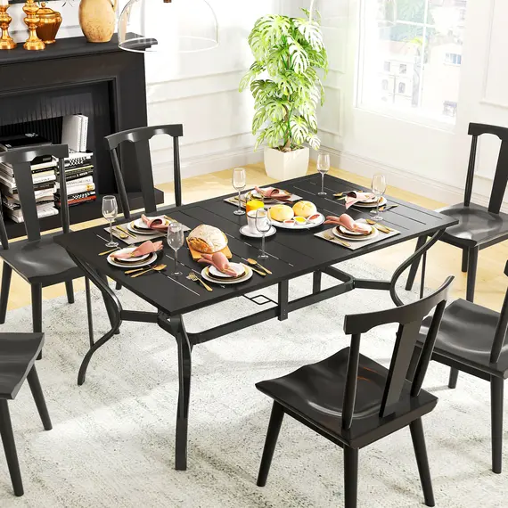 Buy Rectangle Garden Dining Table with Parasol Hole, Patio Table with Steel Frame and Slat Tabletop, 150cm x 90cm, Black, 9 image