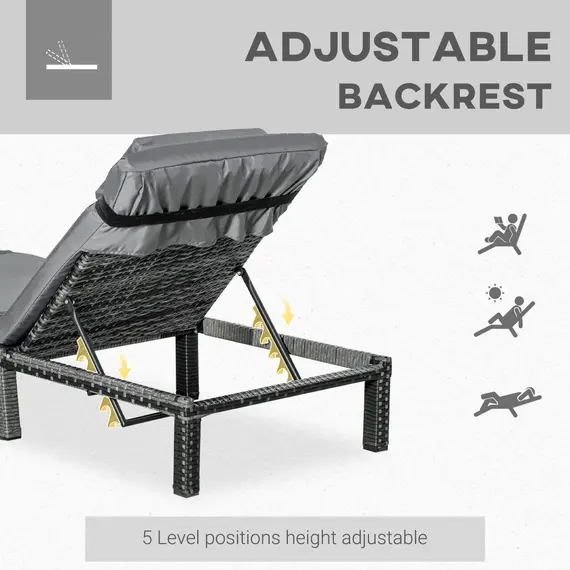 Buy Rattan Sun Lounger, 5-Level Adjustable Garden Lounger Recliner with Cushion and Headrest, Outdoor Reclining Sunbed, Steel Frame Garden Chair for Patio, Beach, Terrace, Dark Grey, 4 image