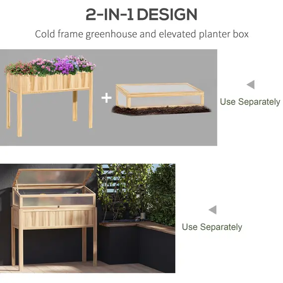 Buy Raised Garden Bed 2-IN-1 Wood Cold Frame Greenhouse with Elevated Garden Box, Openable Top for Flowers, Vegetables, Plants, Natural, 4 image