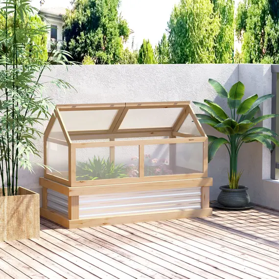 Buy Raised Garden Bed with Greenhouse Top, Garden Wooden Cold Frame Greenhouse Flower Planter Protection with 2 Independent Roofs, 122x 61 x 82cm, Natural, 2 image