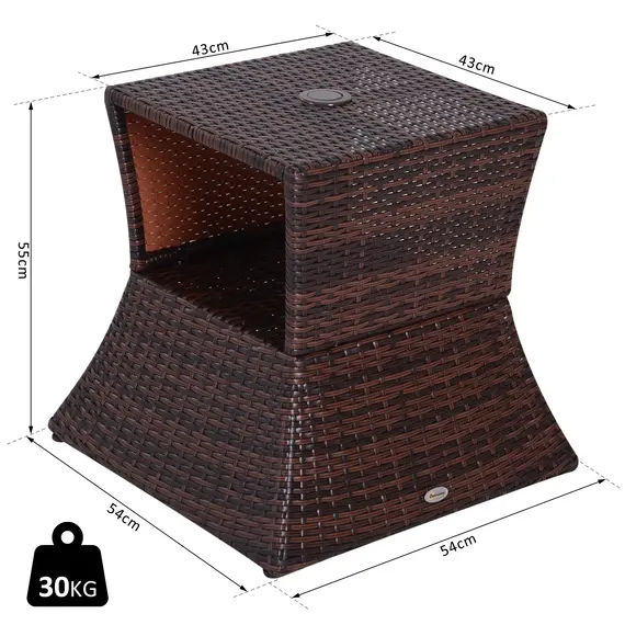 Buy Rattan Outdoor Coffee Table, Wicker Garden Patio Bistro Side Table with Umbrella Hole and Storage Space for Balcony, Porch, Brown, 3 image