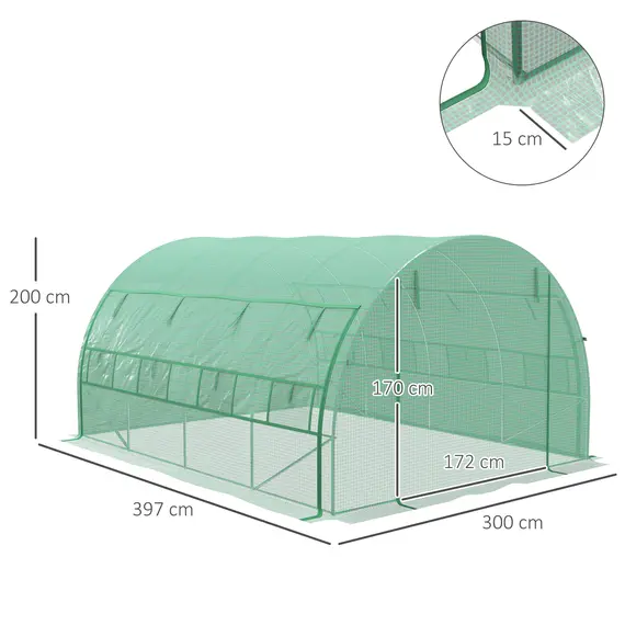 Buy Polytunnel Greenhouse Walk-in Grow House Tent with Roll-up Sidewalls, Zipped Door and 8 Windows, 4x3x2m Green, 3 image