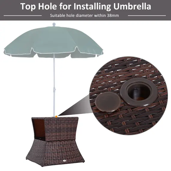 Buy Rattan Outdoor Coffee Table, Wicker Garden Patio Bistro Side Table with Umbrella Hole and Storage Space for Balcony, Porch, Brown, 4 image
