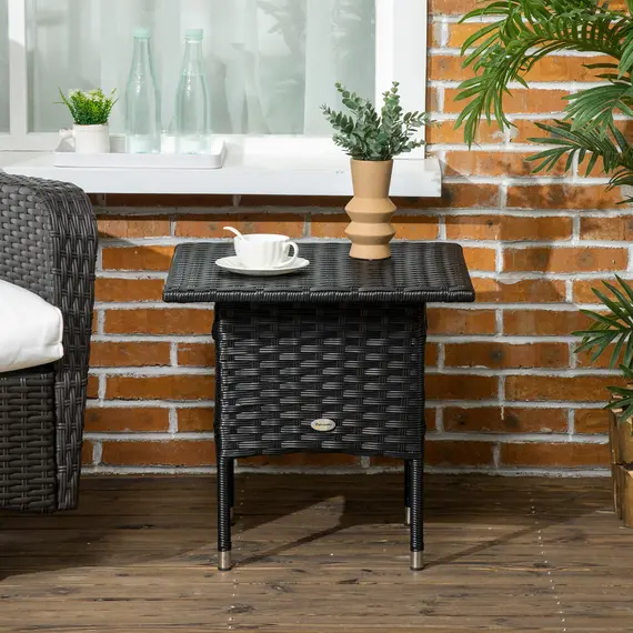 Buy Rattan Side Table, Outdoor Coffee Table with Plastic Board Under the Full Woven Table Top for Patio, Garden, Balcony, Black, 7 image