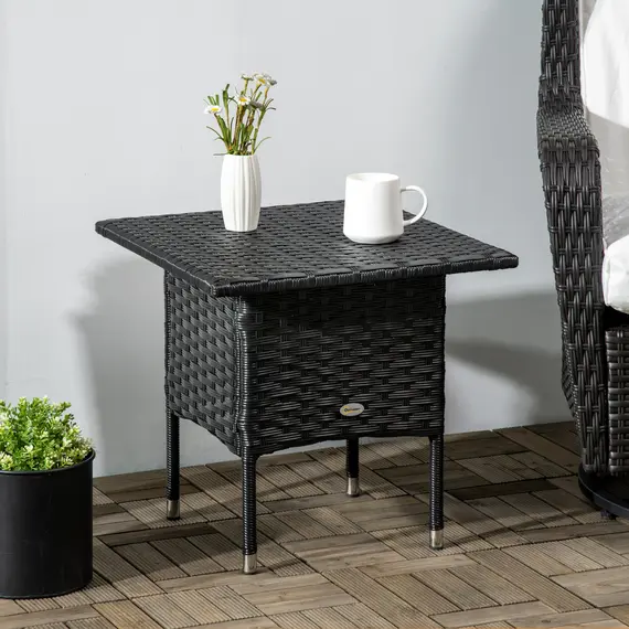 Buy Rattan Side Table, Outdoor Coffee Table with Plastic Board Under the Full Woven Table Top for Patio, Garden, Balcony, Black, 2 image
