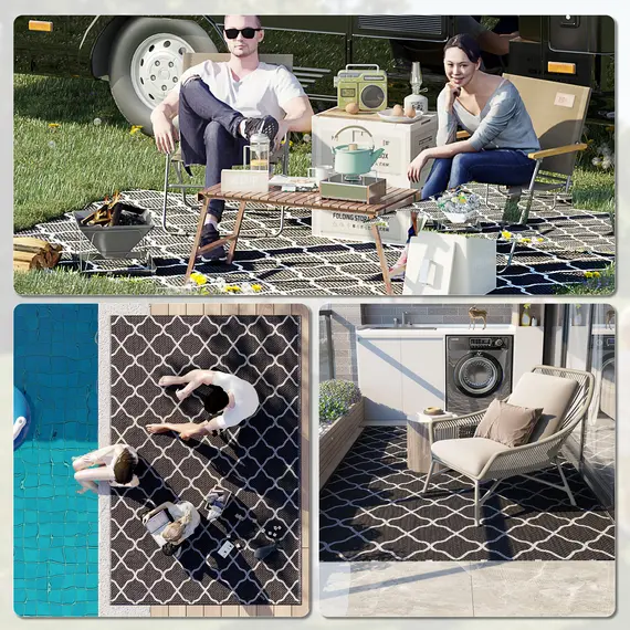 Buy Reversible Outdoor Rug, Plastic Straw Mat w/ Carry Bag Ground Stakes for Garden RV Picnic Beach Camping 182x274cm Black, 5 image
