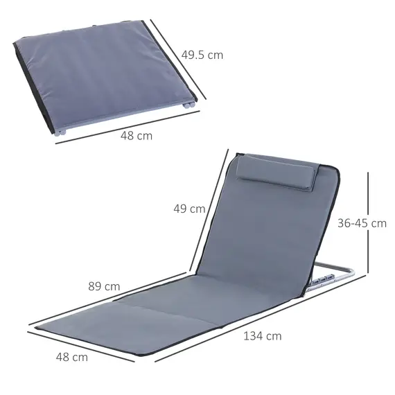Buy Set of 2 Foldable Garden Beach Chair Mat Lightweight Outdoor Sun Lounger Seats Adjustable Back Metal Frame PE Fabric Head Pillow w/ Carry Bag,Grey, 3 image