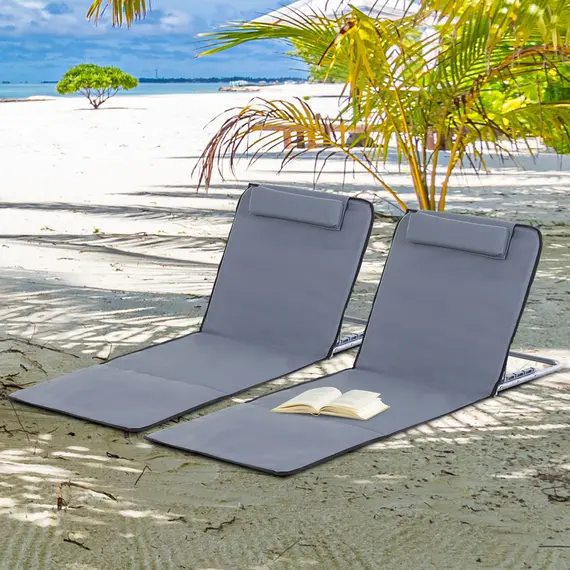 Buy Set of 2 Foldable Garden Beach Chair Mat Lightweight Outdoor Sun Lounger Seats Adjustable Back Metal Frame PE Fabric Head Pillow w/ Carry Bag,Grey, 2 image