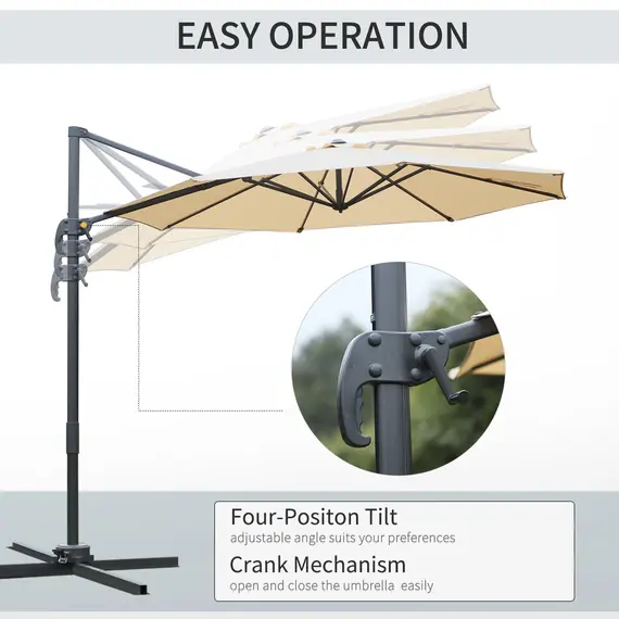 Buy Round Umbrella Parasol W/ Tilt 360° Rotation and Hand Crank Cross Base-Beige, 4 image