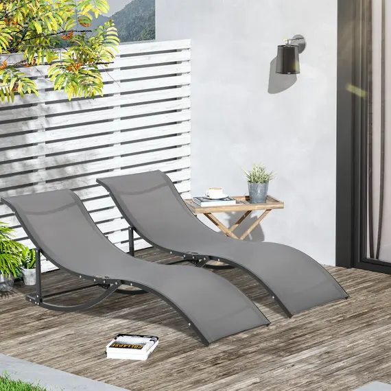Buy Set of 2 S-shaped Foldable Lounge Chair Sun Lounger Reclining Outdoor Chair for Patio Beach Garden, Grey, 2 image