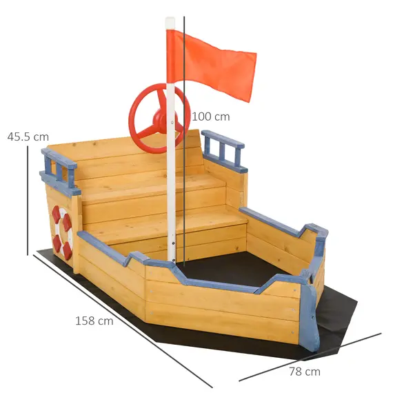 Buy Sand pit Kids Children Sandpit Wooden Pirate Ship Sandboat Outdoor Backyard Playset w/Bench Bottom Liner, 3 image