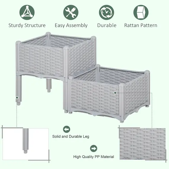 Buy Set of 2 26L Garden Raised Bed Elevated Patio Flower Plant Planter Box PP Vegetables Planting Container, Grey, 4 image