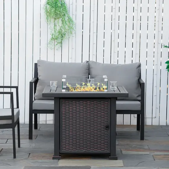 Buy Square Propane Gas Fire Pit Table, 50000 BTU Rattan Smokeless Firepit Patio Heater with Glass Screen, Glass Beads and Lid, 81cm x 81cm x 64cm, Black, 2 image