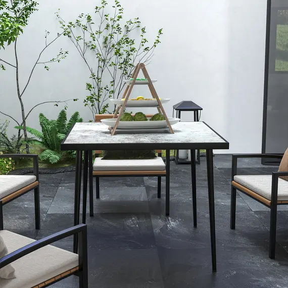 Buy Square Garden Table, Outdoor Dining Table for 4 with Marble Effect Tempered Glass Top and Steel Frame for Patio, Grey, 8 image