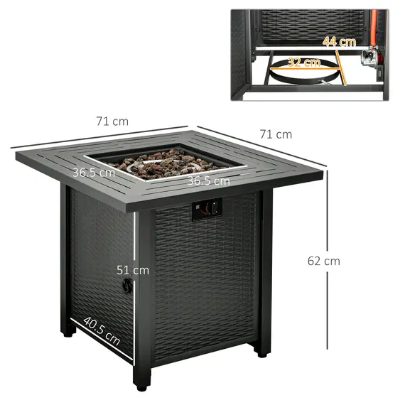 Buy Square Propane Gas Fire Pit Table, 40000 BTU Rattan Smokeless Firepit Patio Heater with Protective Cover, Lava Rocks and Lid, 71cm x 71cm x 62cm, Black, 3 image