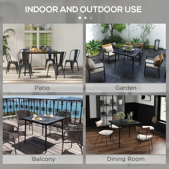 Buy  Square Garden Table, Outdoor Dining Table for 4 with Marble Effect Tempered Glass Top and Steel Frame for Patio, Black, 6 image