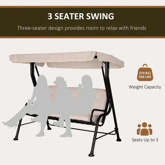 Buy Steel Frame 3-Seater Outdoor Garden Swing Chair w/ Canopy Beige, 7 image