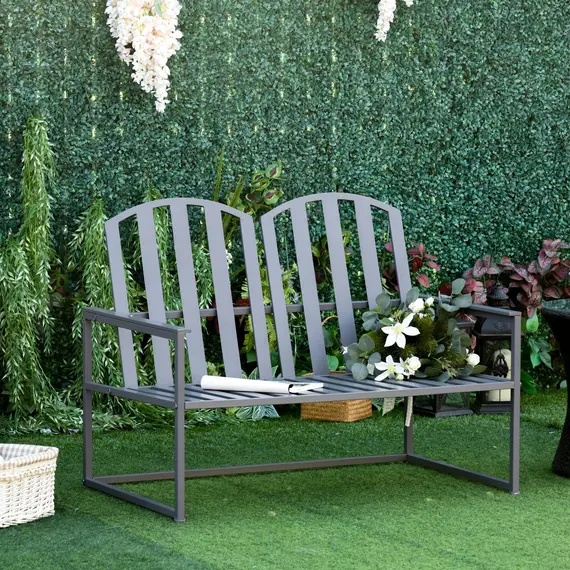 Buy Steel Patio Garden Bench Loveseats for Outdoors Park Yard Slatted Design Grey, 2 image