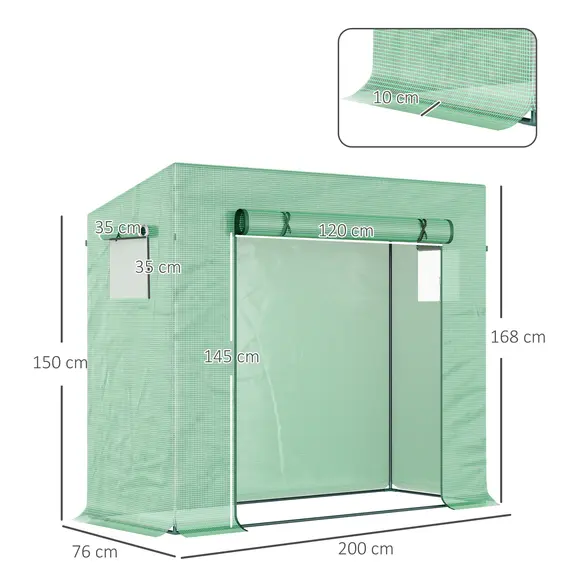 Buy Small Walk-in Garden Greenhouse with Steel Frame, Large Roll-up Door and Windows, 200Lx76Wx168Hcm, Green, 3 image