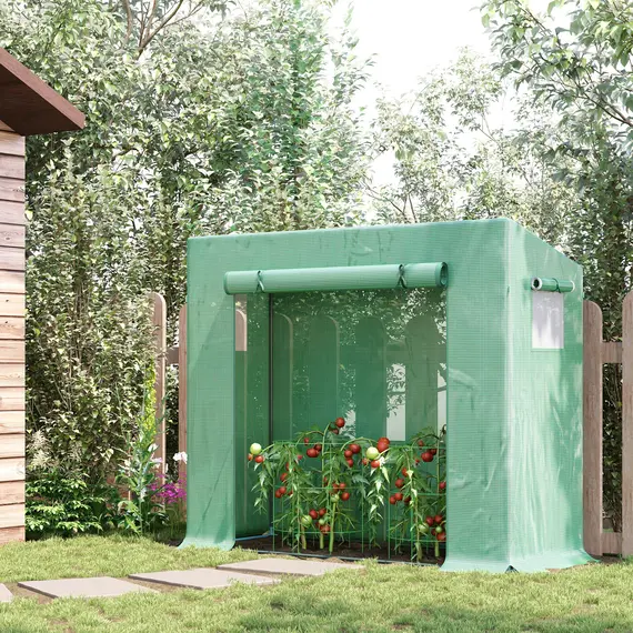 Buy Small Walk-in Garden Greenhouse with Steel Frame, Large Roll-up Door and Windows, 200Lx76Wx168Hcm, Green, 2 image