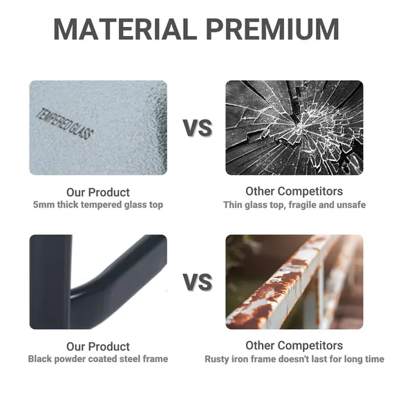 Buy Square Garden Table, Outdoor Coffee Table with Tempered Glass Top, Bar Bistro Dining Table, Metal Frame for Patio, Balcony, 68.5 x 68.5 x 84cm, 5 image