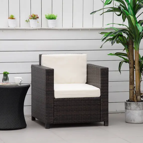 Buy Single Seater Rattan Chair, PE Wicker Garden Armchair with 10 cm Thickened Cushion, All-Weather Rattan Garden Chair with Armrests, Brown, 2 image