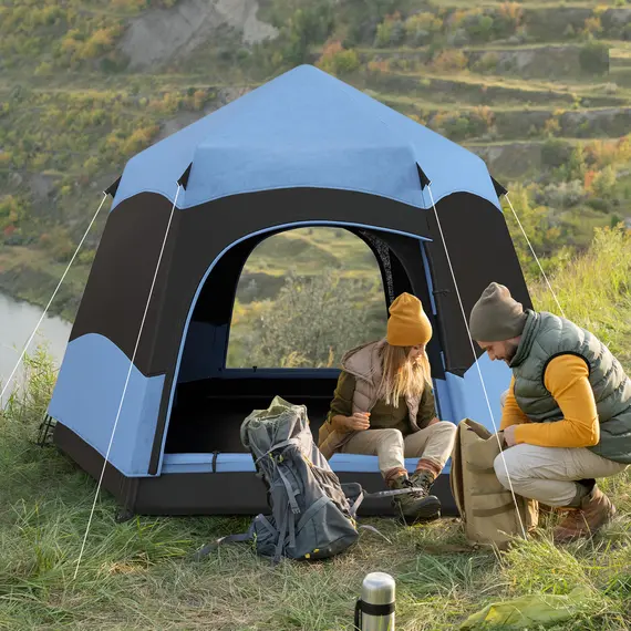 Buy Six Man Hexagon Camping Tent with Hang Hook and Carry Bag - Blue and Black, 2 image