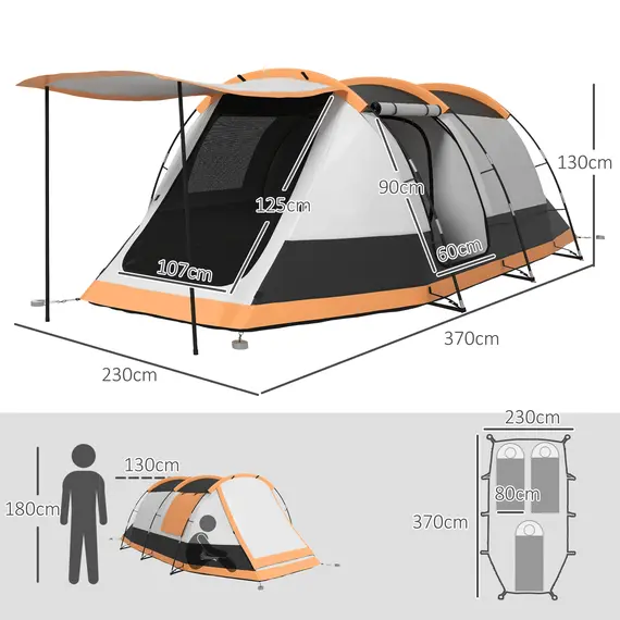 Buy Three-Man Camping Tent, with Two Rooms and Porch - Orange, 3 image