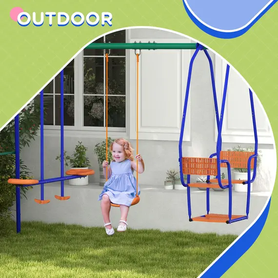 Buy Three-In-One Kids Metal Swing Set with Swing, Glider, Rocking Chair Swing, for Ages 3+ years - Orange and Blue, 6 image