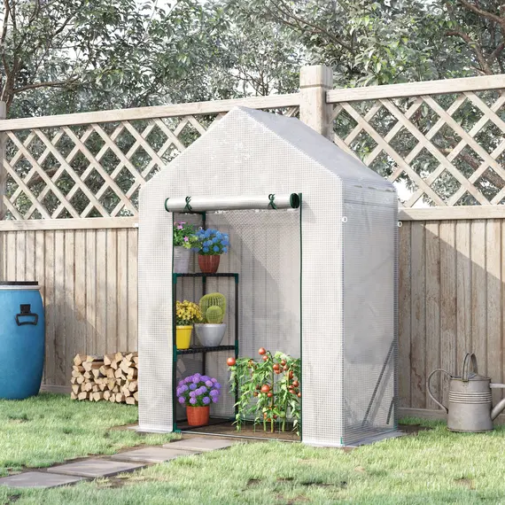 Buy Walk In Greenhouse with 2 Tier Shelf, Portable Gardening Plant Grow House Tomato Greenhouse with Roll up Zip Panel Door, Reinforced PE Cover, 143 x 73 x 195cm, Green, 2 image