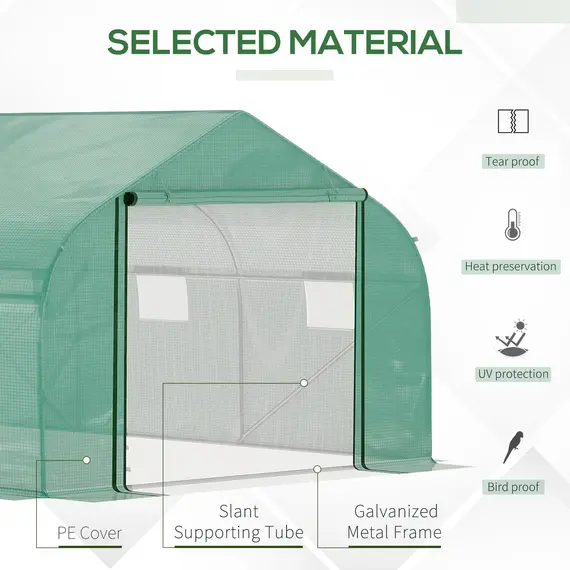 Buy Walk-in Polytunnel Garden Greenhouse, Outdoor Mesh Door Greenhouse with PE Cover and 6 Windows, 4.5 x 3 x 2m, Green, 4 image