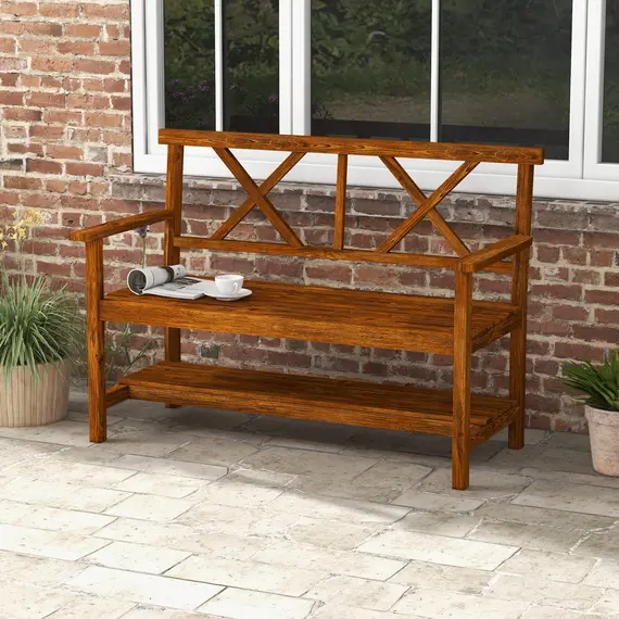 Buy Two-Seater Fir Wood Bench, with Bottom Shelf - Natural, 2 image
