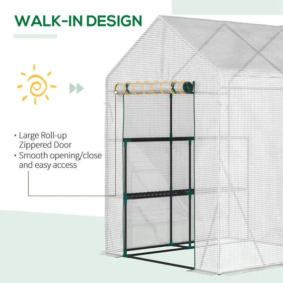Buy Walk In Greenhouse with 2 Tier Shelf, Portable Gardening Plant Grow House Tomato Greenhouse with Roll up Zip Panel Door, Reinforced PE Cover, 143 x 143 x 195cm, Green, 5 image