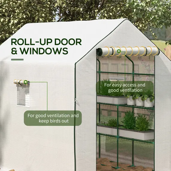 Buy Walk-in Greenhouse with 3 Tier 12 Shelves, Small Greenhouse with Reinforced PE Cover, Garden Plant Growhouse with Roll-up Door and Three Mesh Windows, 140 x 213 x 190 cm, White, 6 image