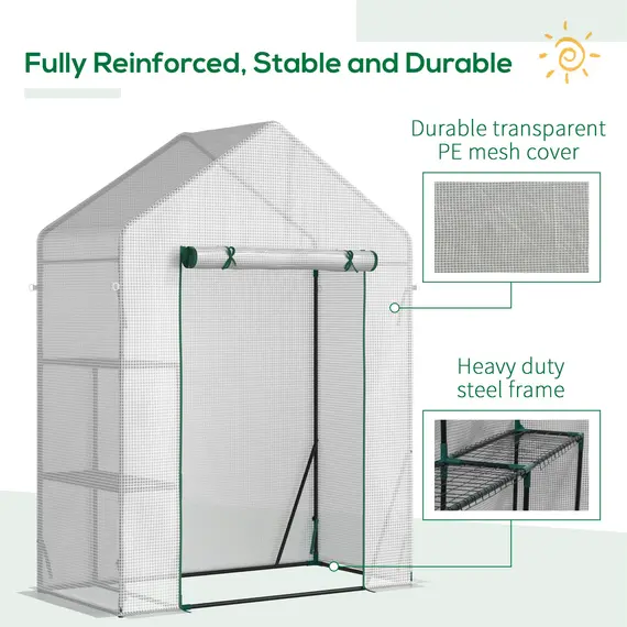 Buy Walk In Greenhouse with 2 Tier Shelf, Portable Gardening Plant Grow House Tomato Greenhouse with Roll up Zip Panel Door, Reinforced PE Cover, 143 x 73 x 195cm, Green, 7 image